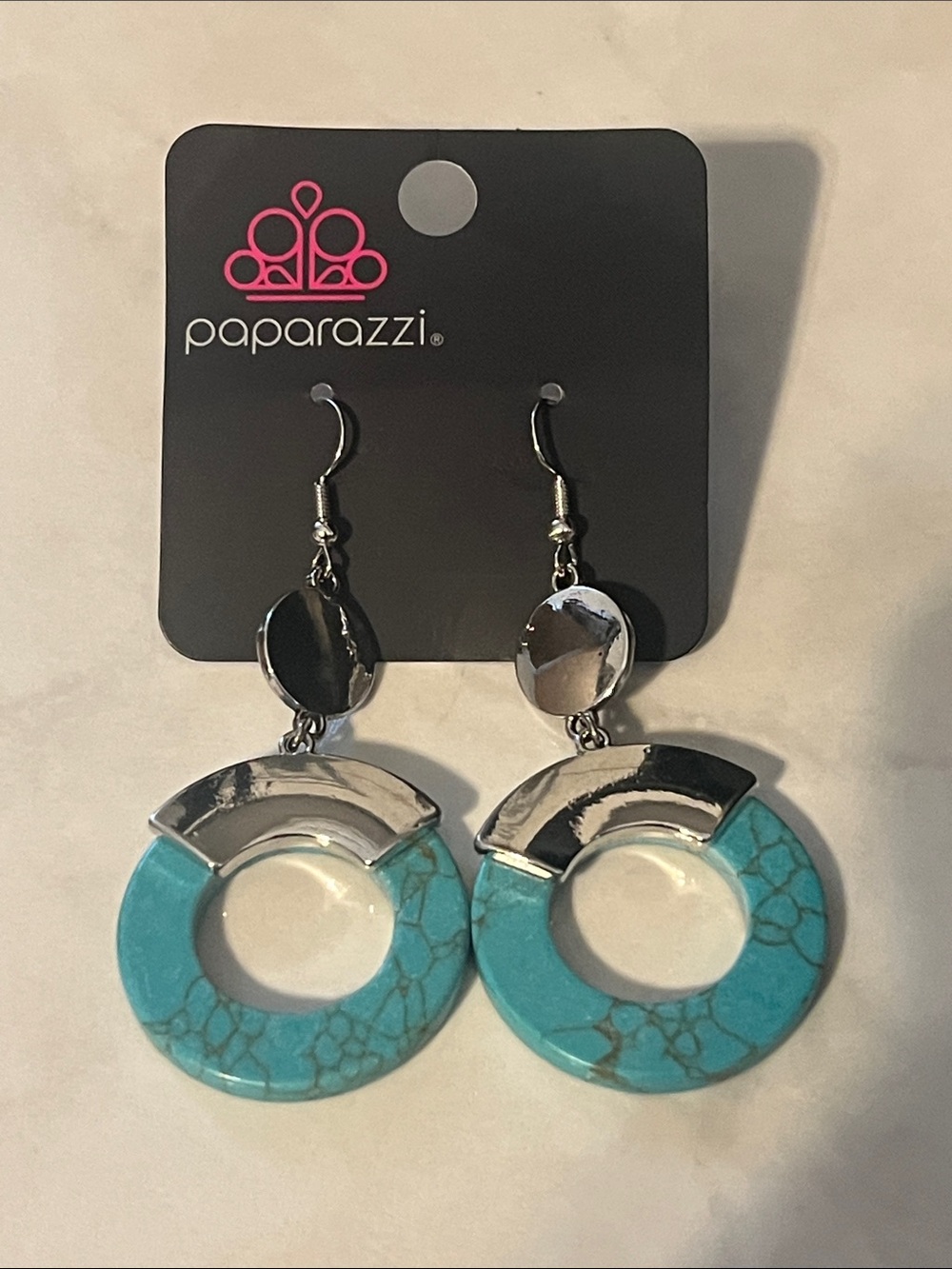 Paparazzi Turquoise and Silver Open Circle Drop Earrings